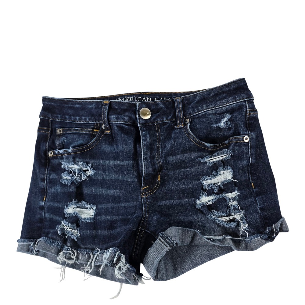 American Eagle Hi-Rise Shortie Distressed Dark Wash Denim Shorts Womens 6